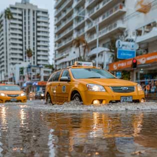 voiture roulant dans une rue innondée