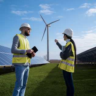 personnes parlent devant une éolienne et des panneaux photovoltaïques