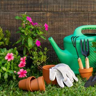 outils de jardinage et divers pots de fleurs