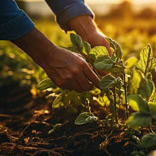 mains d'un cultivateur touchant une plantation