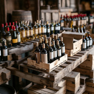 caisses avec des bouteilles de vin dans un entrepôt