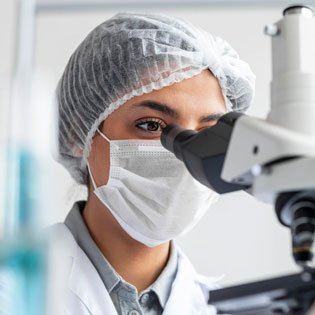laboratory technician looking through a microscope