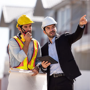 hommes échangeant devant un chantier de construction