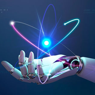 main d'une intelligence artificielle tenant un atome d'énergie