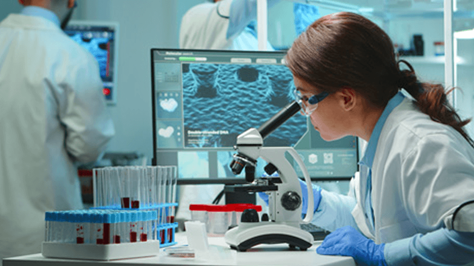 A researcher analyzing samples in a biomedical laboratory