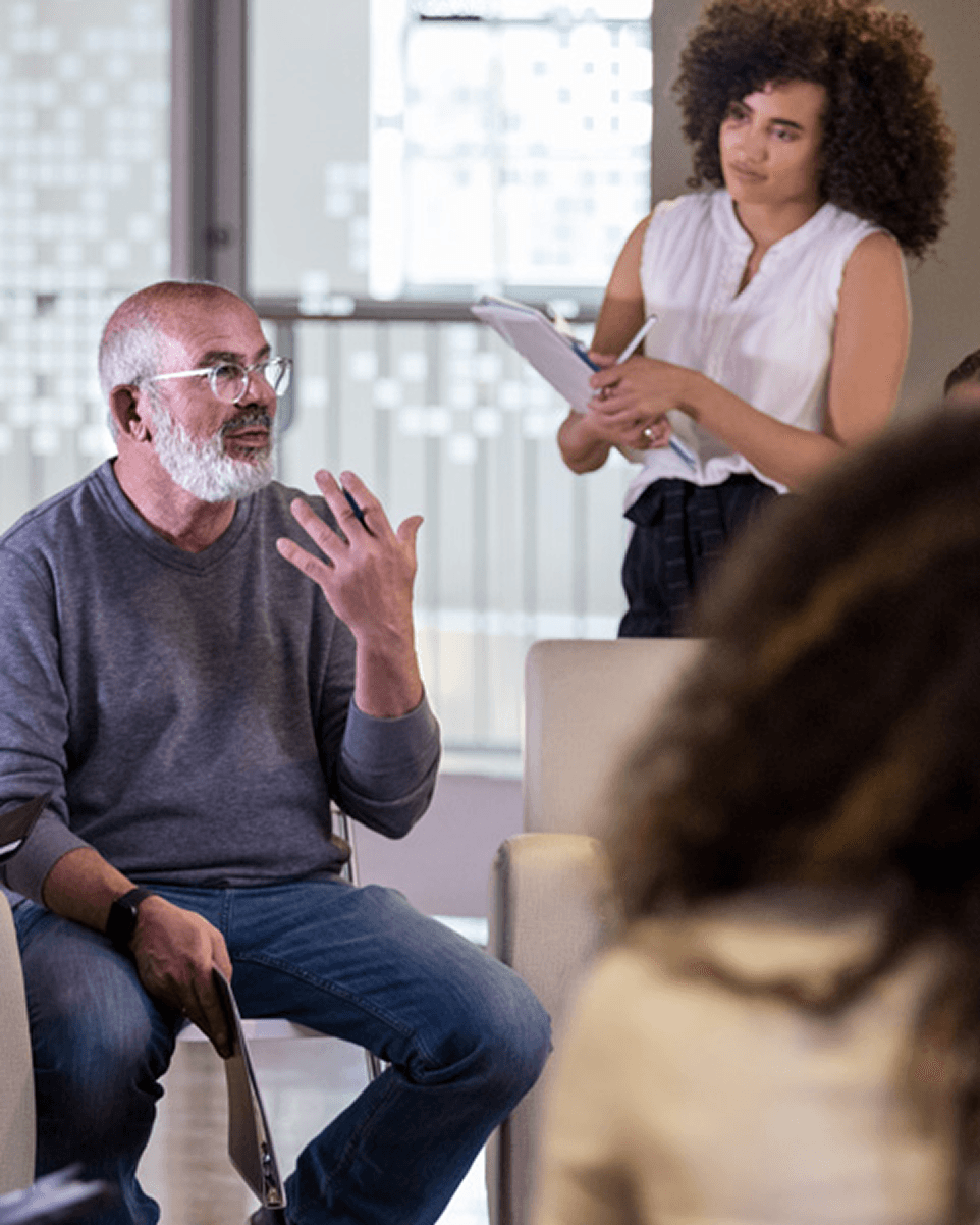 An exchange between participants during a brainstorming workshop